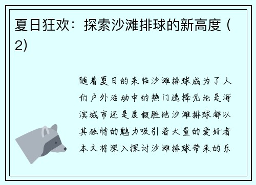 夏日狂欢：探索沙滩排球的新高度 (2)