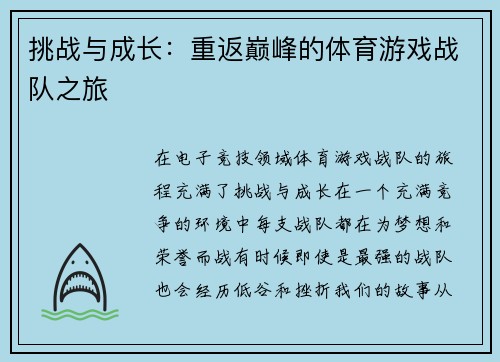 挑战与成长：重返巅峰的体育游戏战队之旅